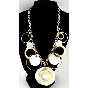 Park Lane Bib Necklace Mother of Pearl Gold Tone Round Ring Charm Disc Boho 16"